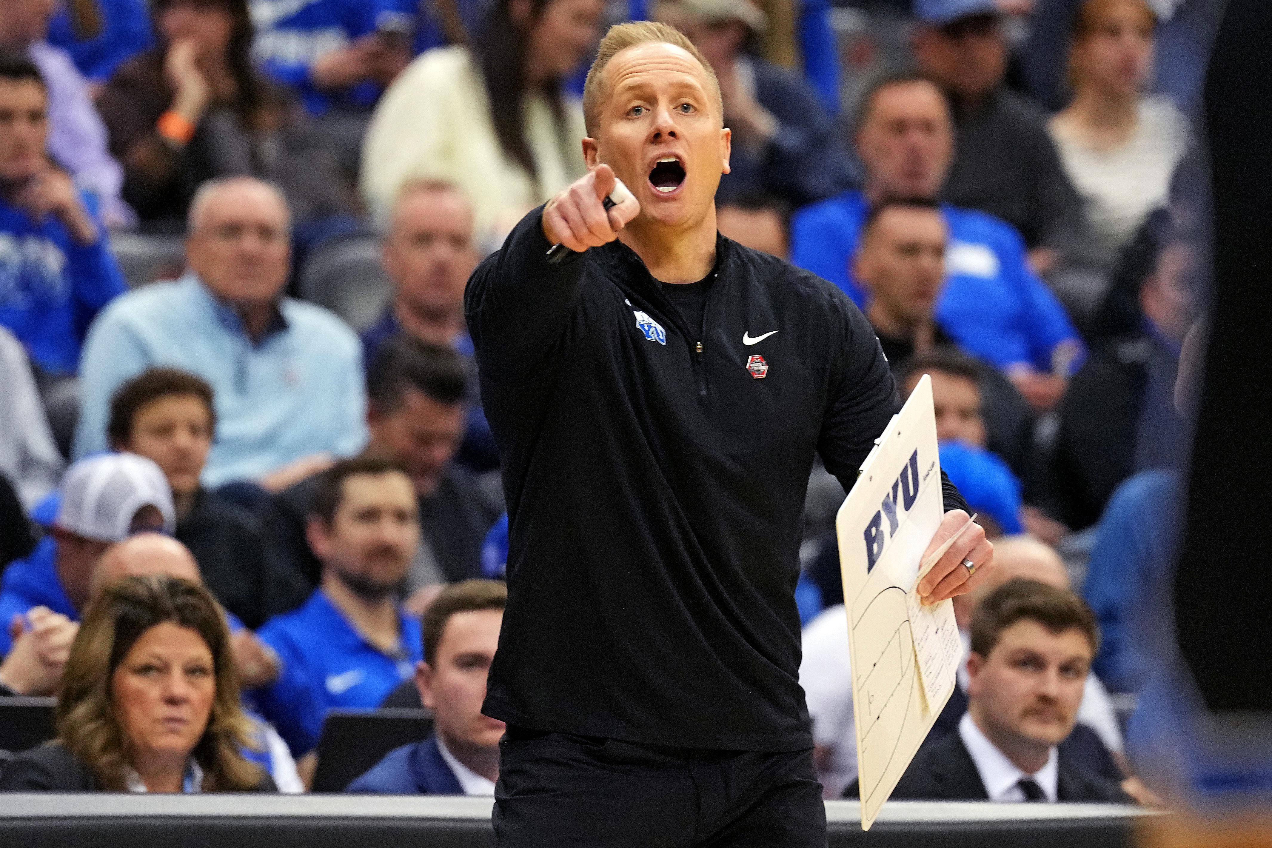 BYU coach Kevin Young calls to his team during the first half of their Sweet 16 clash against the Alabama Crimson Tide at Prudential Center. Photo: Imagn